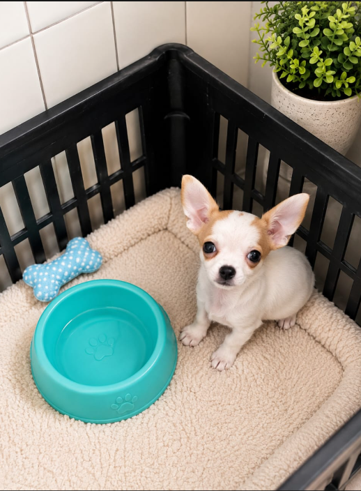 Chihuahua próximo de seu espaço de alimentação