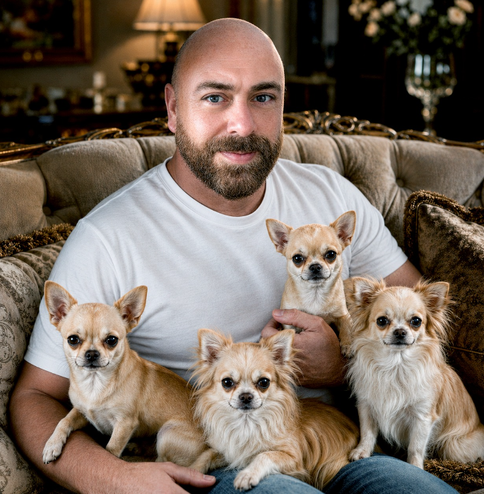 Fernando acompanhado de seus chihuahuas